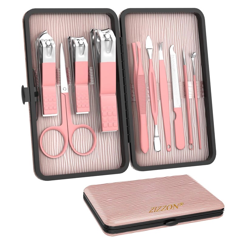 ZIZZON Travel Mini Manicure Set Nail Clipper Set 10 in 1 Stainless Steel Pedicure Care Grooming kit with Case Pink - Image 1